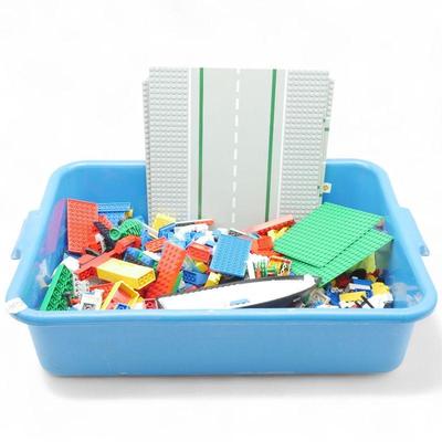 Assorted LEGO Bricks in Blue Storage Bin