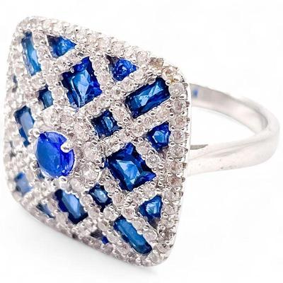 925 Sterling Silver Ring with Blue and Clear CZ Stones Size 8