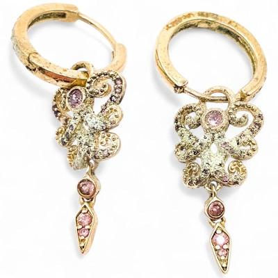925 Sterling Silver Gold-Tone Hoop Earrings with Purple CZ Accents