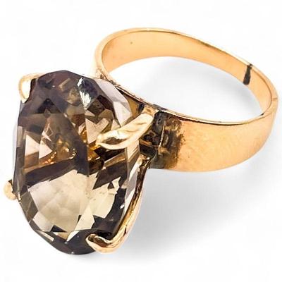 14K Gold Ring with Large Faceted Smoky Quartz Size 6