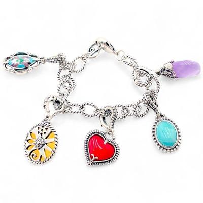 925 Sterling Silver Charm Bracelet with Multicolor Charms