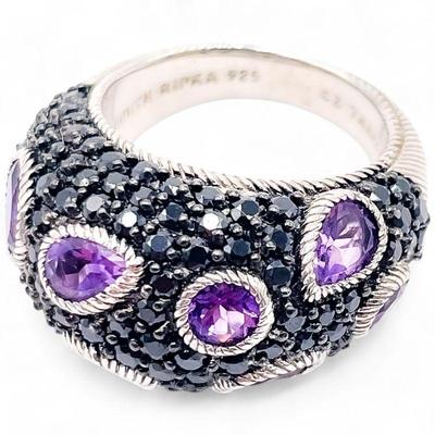 Judith Ripka 925 Sterling Silver Ring with Amethyst and Black Stones Size 6.5