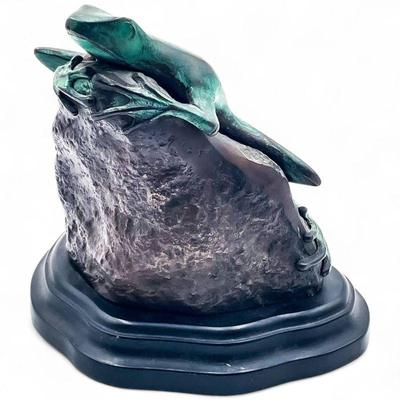 Vintage Korean Bronze Frog Sculpture With Verdigris Patina