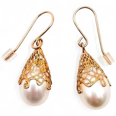14K Gold Filigree and Pearl Drop Earrings by PAZ Israel