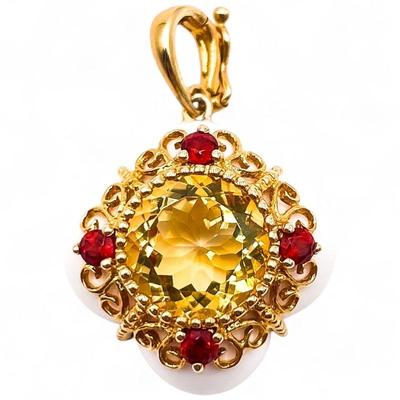14K Gold Filigree Pendant with Citrine and Garnet Stones on White Enamel