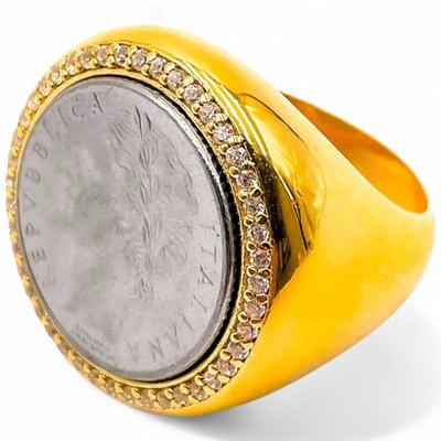 925 Sterling Silver Gold Plated Italian Lire Coin Ring Size 8