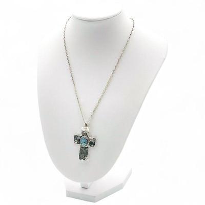 925 Sterling Silver Cross Pendant w/ Ancient Roman Glass