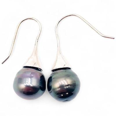925 Sterling Silver and Black Pearl Drop Earrings