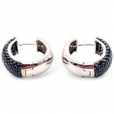 Sterling Silver Hoop Earrings w/ Black Zirconia