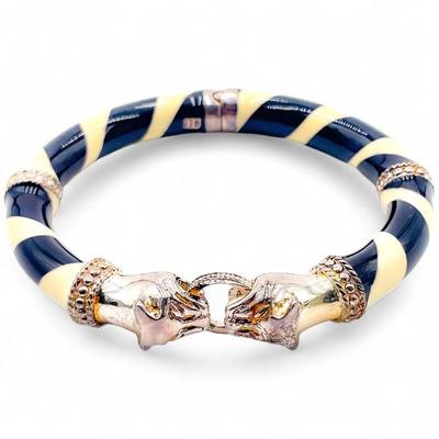 Milor Italy 925 Sterling Silver and Enamel Panther Head Hinged Bangle