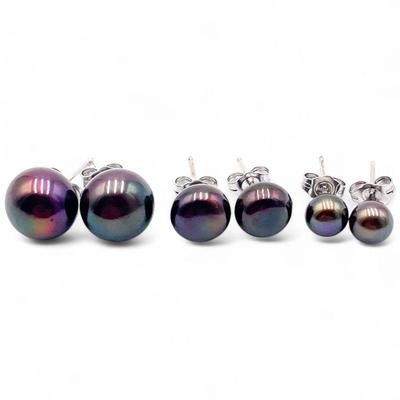 Three Black Pearl Stud Earrings in Sterling Silver