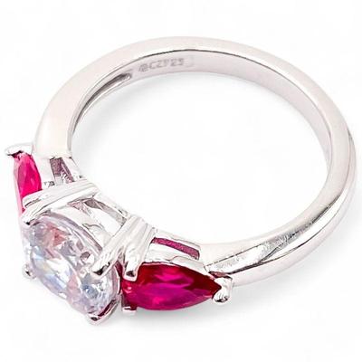 925 Sterling Silver Ring with CZ and Faux Ruby Stones Size 6