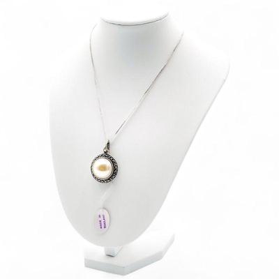 925 Sterling Silver, Faux Pearl & Marcasite Pendant Necklace