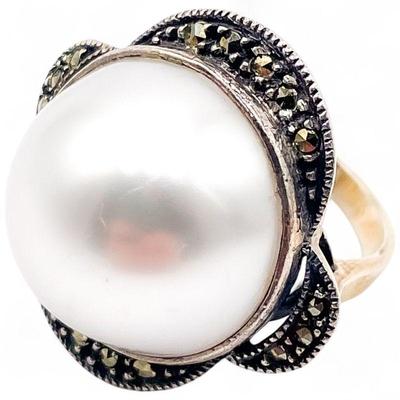 Judith Jack Sterling Silver Dome Faux Pearl and Marcasite Ring Size 8