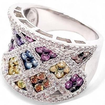 FZN Sterling Silver Ring with Multi-Colored Stones Size 8