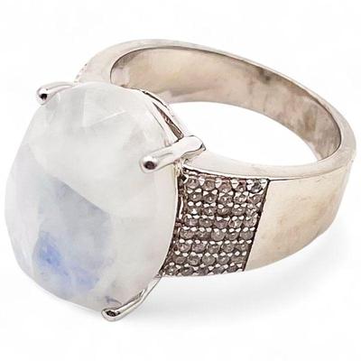 925 Sterling Silver Ring w/ Moonstone and Pave Accents Size 7.5