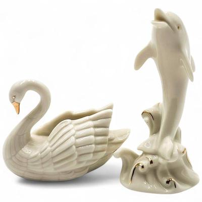 Lenox Dolphin & Swan Figurines with 24k Gold Trim
