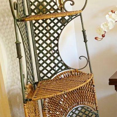iron and wicker corner bookcase
