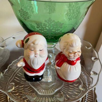 green bowl cut glass, santa salt shakers