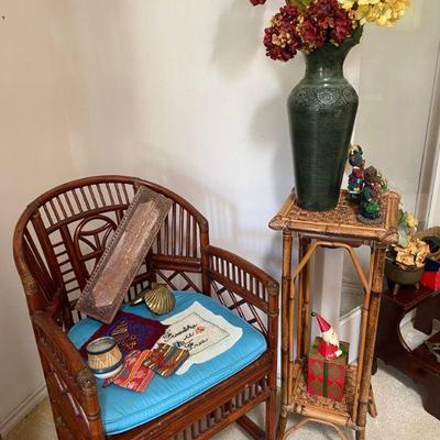 bamboo chairs and plant stand