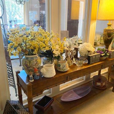 Sale Photo Thumbnail #13: sofa table bamboo trimmed and filled with decoratives