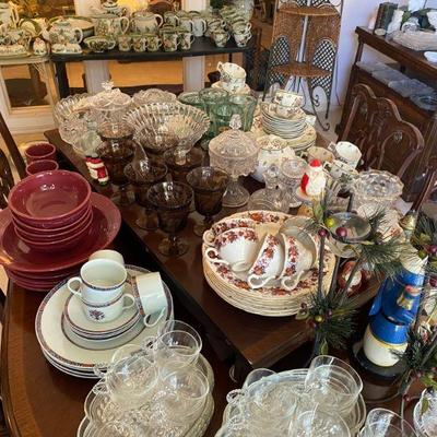 dining room table filled with collectibles
