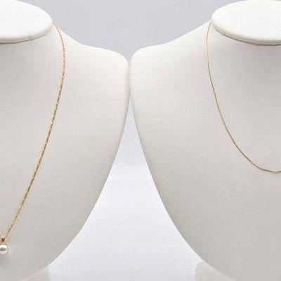 #736 • (2) 14k Gold Necklaces and Pearl Pendant, 3.1g
