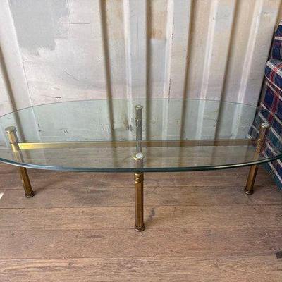 #7000 • Mid-Century Glass & Brass Oval Coffee Table
