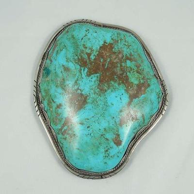 VERY LARGE VINTAGE NATIVE AMERICAN STERLING SILVER & TURQUOISE BELT BUCKLE