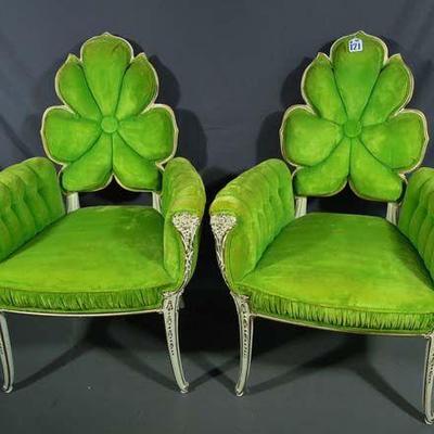 PAIR RARE ART DECO HAND CARVED WOOD & UPHOLSTERED FLOWER BACK CHAIRS