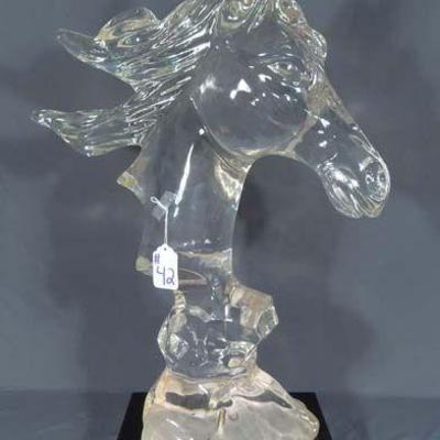 LARGE MODERN ACRYLIC BUST OF HORSE ON MARBLE BASE
