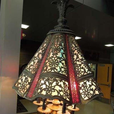 TWO BEAUTIFUL VINTAGE METAL & SLAG GLASS CHANDELIERS