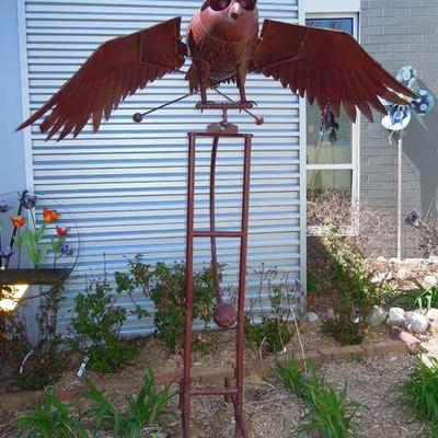 VERY LARGE OUTDOOR CUSTOM MADE METAL OWL MOTIF BALANCE SCULPTURE