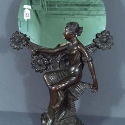 BEAUTIFUL ART DECO STYLE SEATED BRONZE GIRL WITH ROUND MIRROR