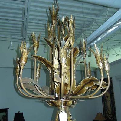 ORIGINAL TOM GREENE BRUTALIST CHANDELIER WITH HAND TORCHED PATINA.