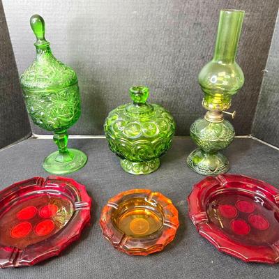Vintage Coin Glass Ashtrays, Green Glass Bowls, Oil Lamp