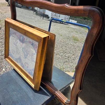 Large Wood Framed Mirror & Framed Oldworld Map 