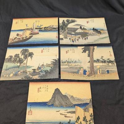 5 Japanese Woodblock Prints On Rice Paper