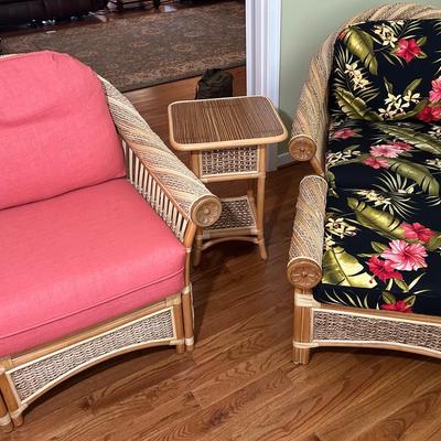 Pair Of Bamboo & Rattan Chairs + Ottoman And Side Table 