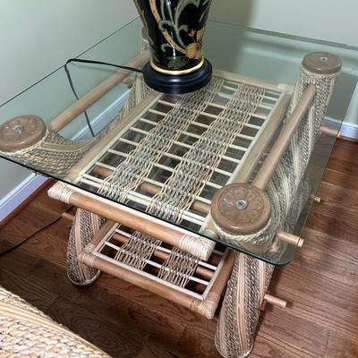 3 Bamboo & Rattan Glass Top Tables - 2 End Tables & 1 Coffee Table 