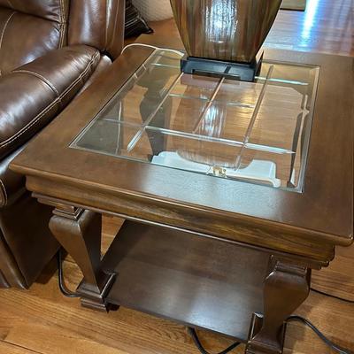 Set Of 3 Matching Wooden End Tables With Glass Tops And Lower Shelves 