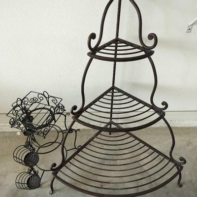 Wrought Iron 3 Tiered Outdoor Corner Shelf + Rotating Metallic Plant Holder