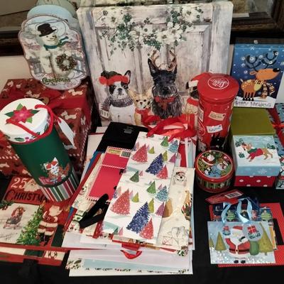 Assortment Of Christmas/Winter Themed Decor, Bags, & Boxes + Brand New 100ft Christmas Light Package