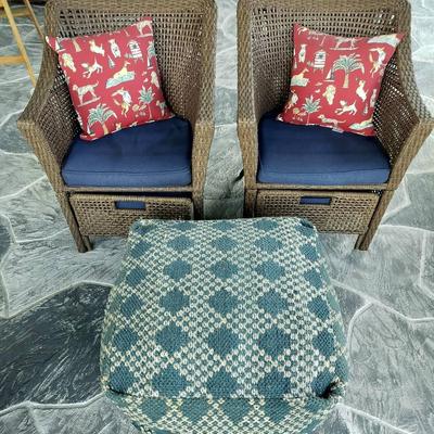 2 Cushioned Rattan Patio Chairs With Pillows + Bean Bag Foot Rest