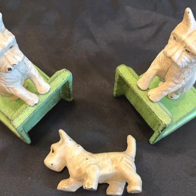 Vintage Cast-Iron Scotty Bookends And Figurine