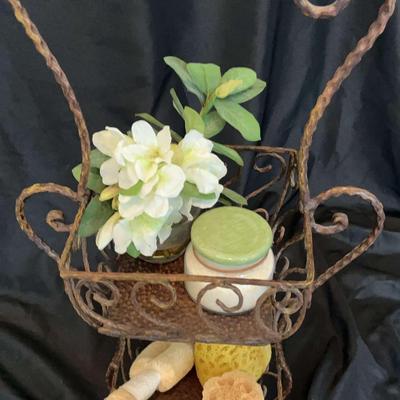 Bronze Tone, Wrought Iron Double Level Baskets With Bath Accessories And Decor.