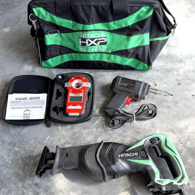 HITACHI CORDLESS RECIPROCATING SAW 18V (TOOL ONLY), Black&Decker Leveling Laser, Solder Gun & Bag