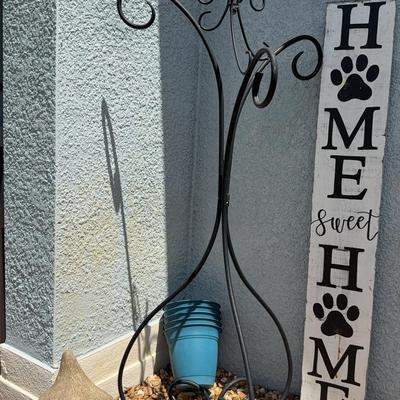 Outdoor Decor- 3 Hook Metal Plant Hanger, Stone 3 Mushroom Statue, 5 8” Pots, “Home” Sign 