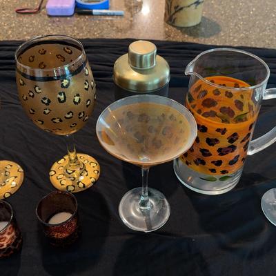 Hand Painted Leopard Print Martini glasses Wine Glasses & Pitcher With Candles