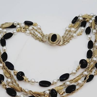 Gold Tone Black Faux Pearl 5 Strand Necklace